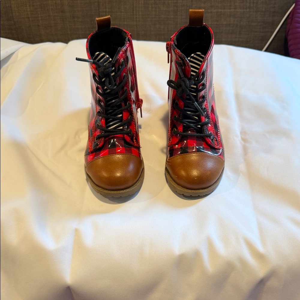Kids Red Plaid Lace-Up Boots with Brown Toe